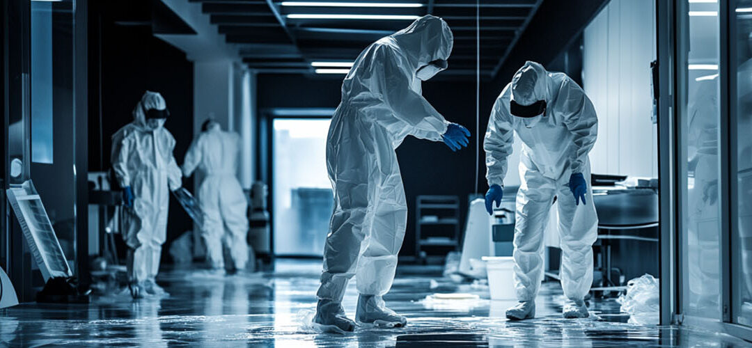 3 biohazard technicians cleaning up a crime scene