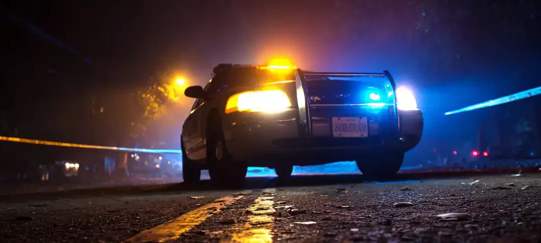 police car parked in the middle of the road at night