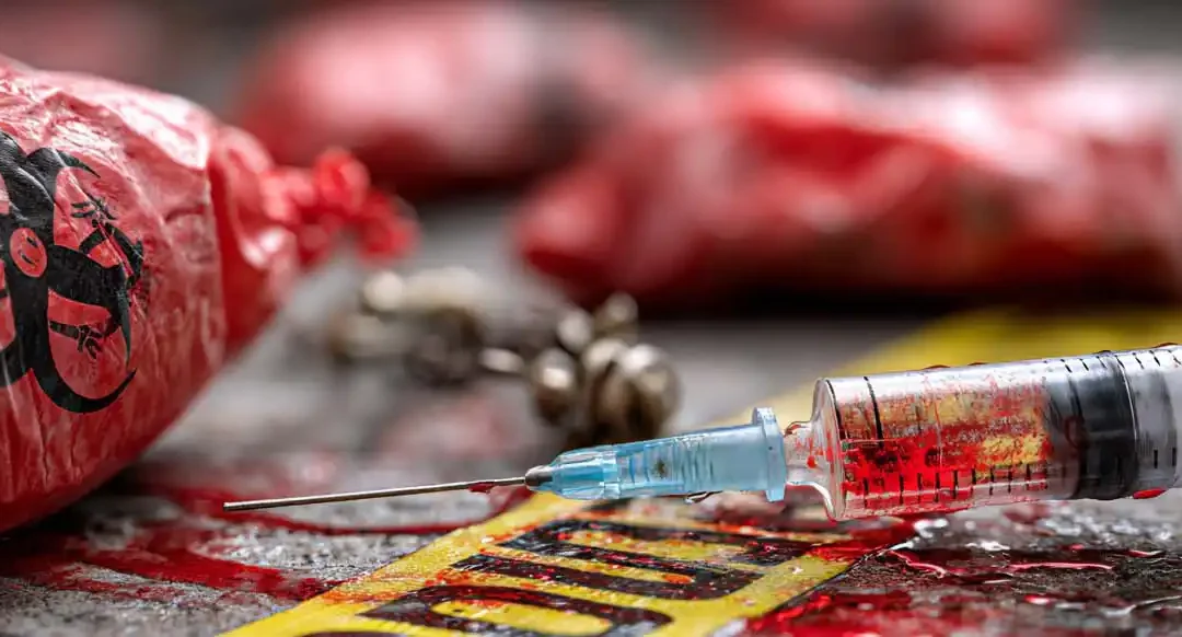 collage of biohazards - red biohazard bags, hypodermic needles, and crime scene tape