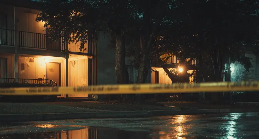 crime scene with yellow tape outside of an apartment complex in Southern California