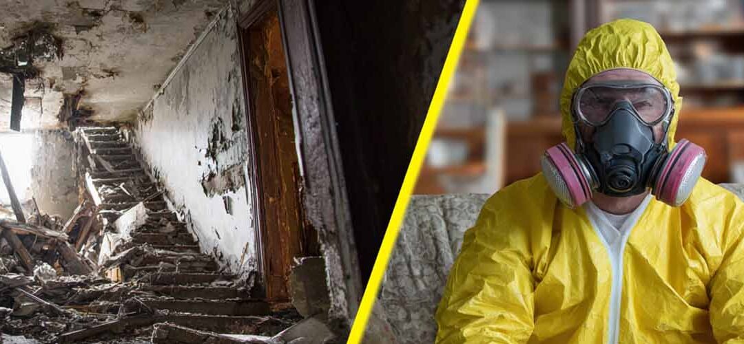 split picture-1/2 burned out interior of a house - 1/2 biohazard cleanup technician
