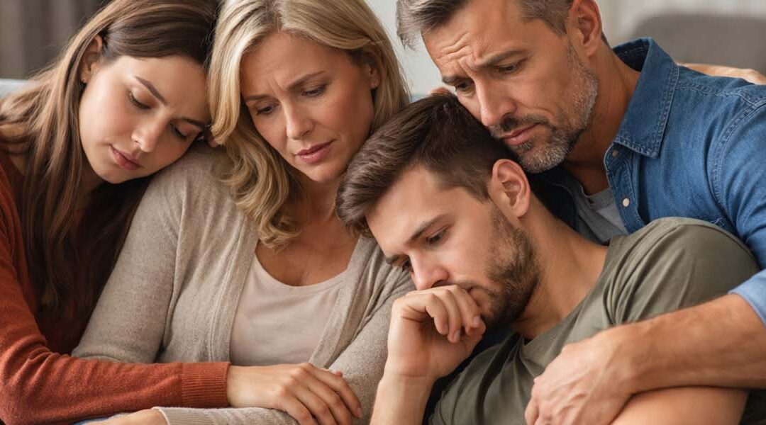 family on a couch consoling each other after a death
