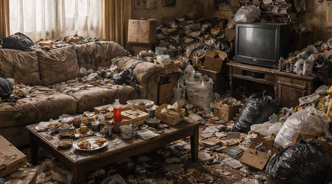 food and trash hoarded living room