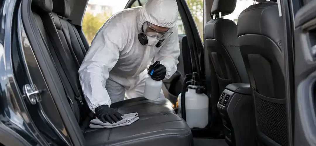 biohazard technician cleaning the inside of a vehicle